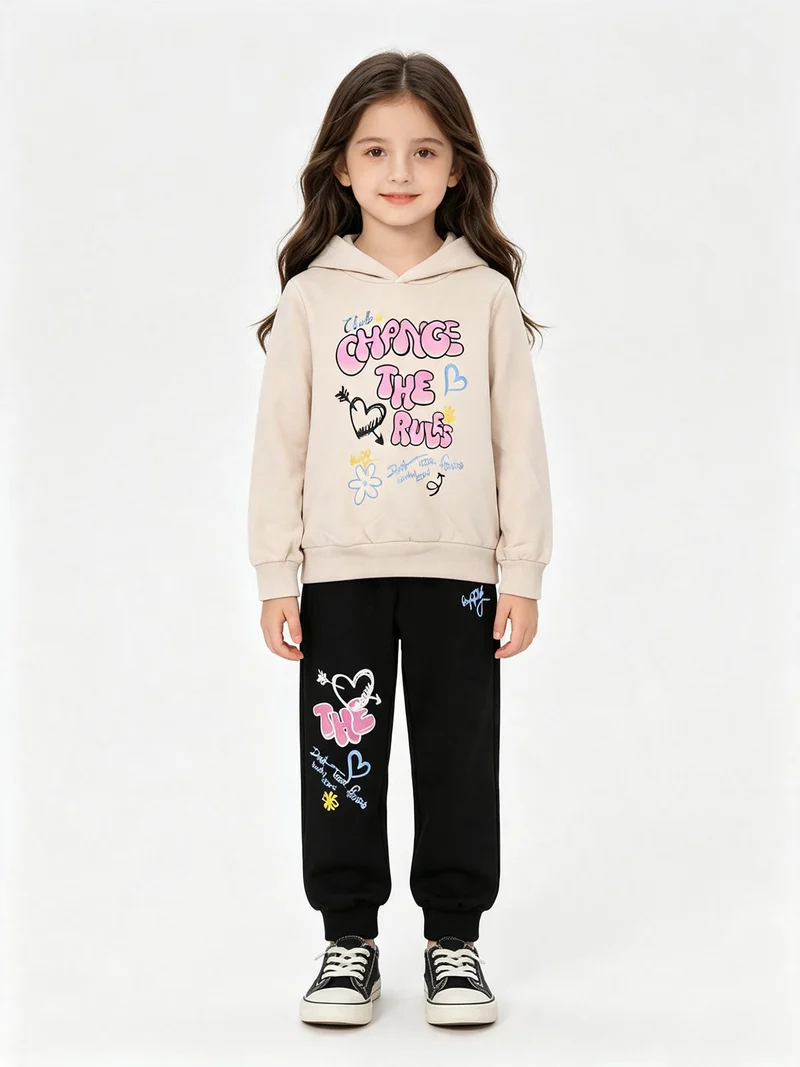 Completo tuta 2 pezzi da bambina con cappuccio e stampe - beige