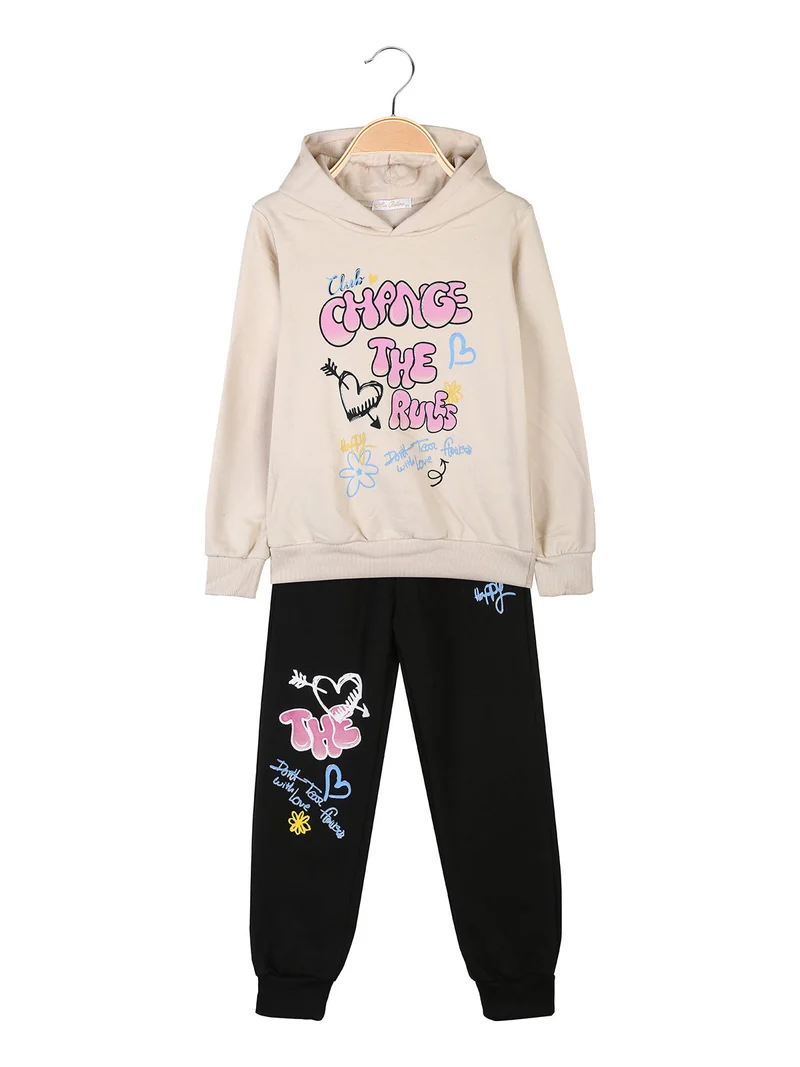Completo tuta 2 pezzi da bambina con cappuccio e stampe - beige