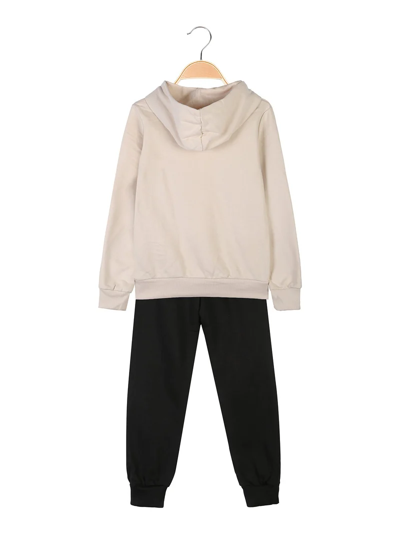 Completo tuta 2 pezzi da bambina con cappuccio e stampe - beige