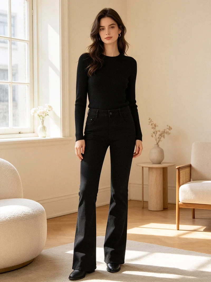 Pantaloni jeans donna push-up a zampa - nero