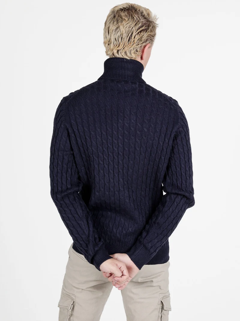Maglione dolcevita da uomo a trecce - blu scuro