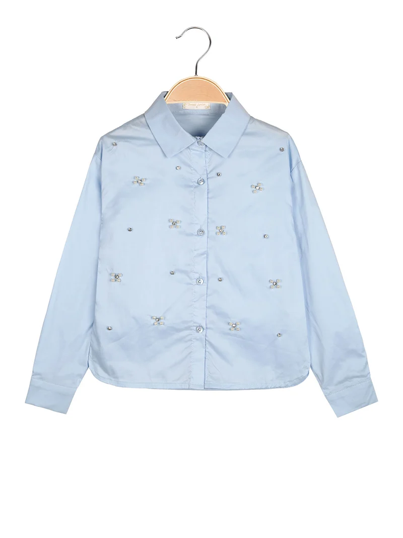 Camicia da bambina in cotone con perle e strass a maniche lunghe - azzurro