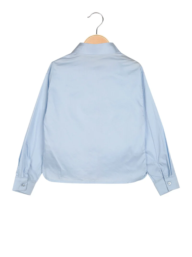 Camicia da bambina in cotone con perle e strass a maniche lunghe - azzurro