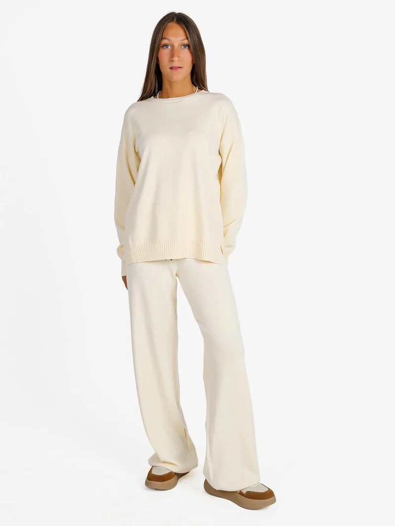 Pantaloni donna in maglia a trecce - panna