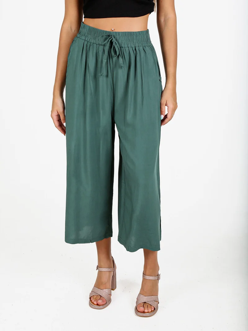 Pantaloni cropped donna a gamba larga in cotone - verde