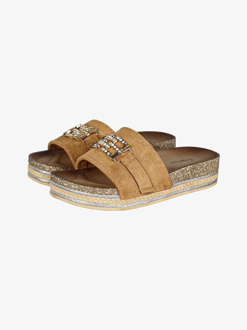 Ciabatte donna gioiello con strass e platform - cammello