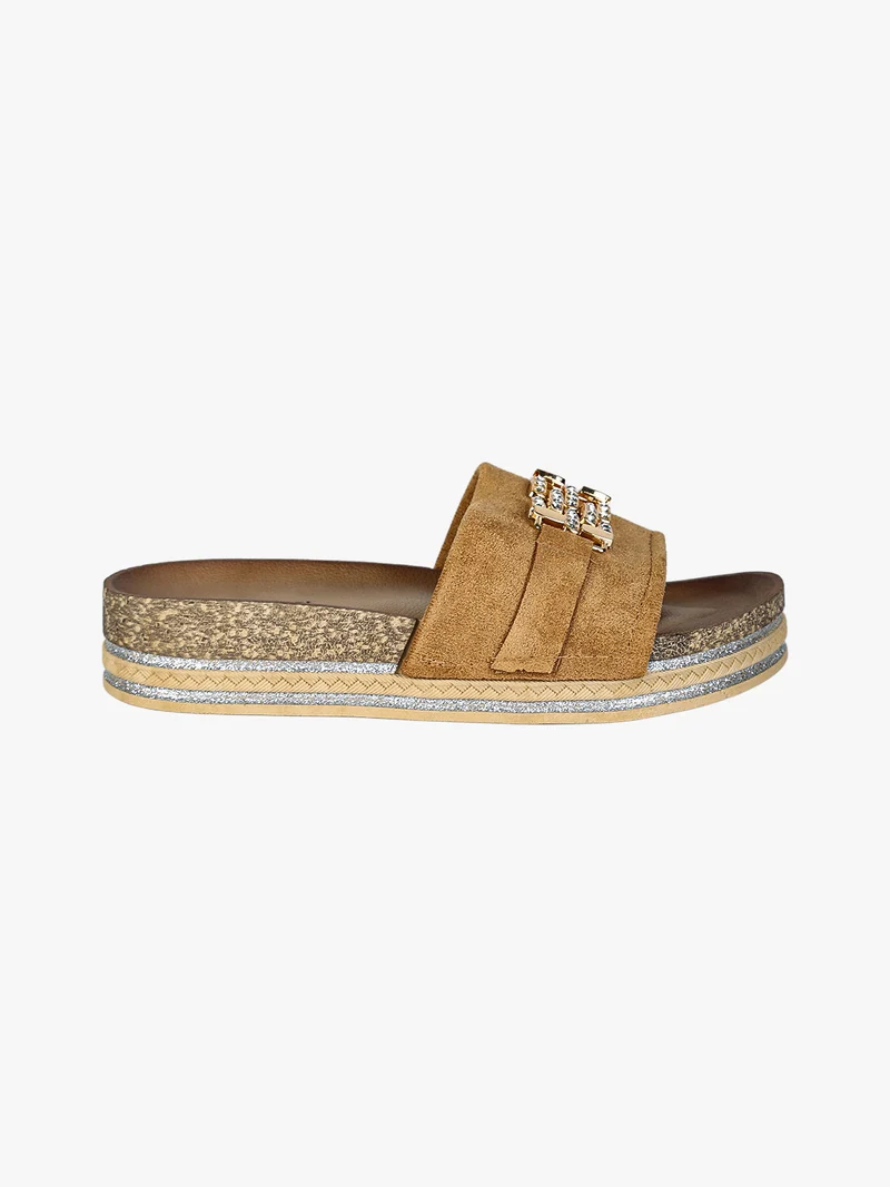 Ciabatte donna gioiello con strass e platform - cammello