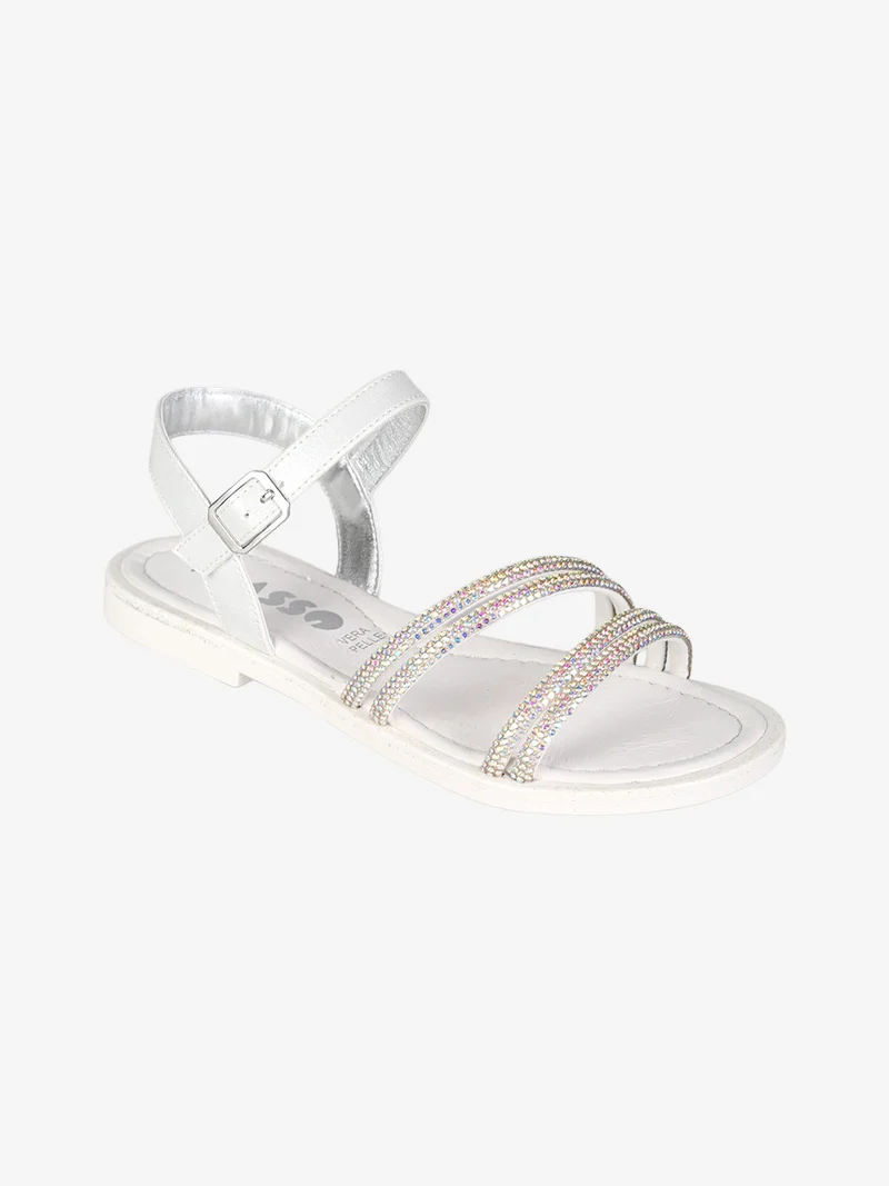 Sandali da ragazza con strass e cinturino con fibbia - bianco
