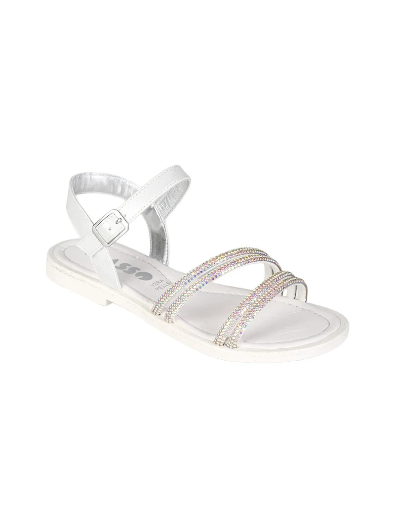 Sandali da ragazza con strass e cinturino con fibbia - bianco
