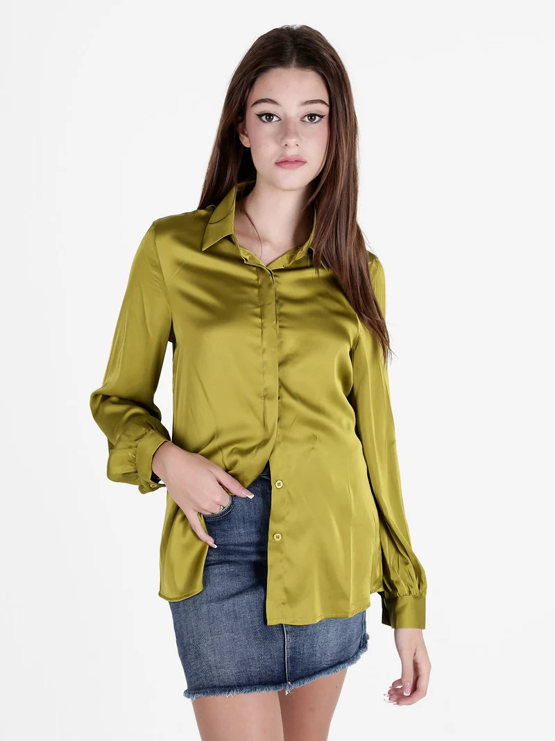 Camicia donna a maniche lunghe effetto raso - oliva