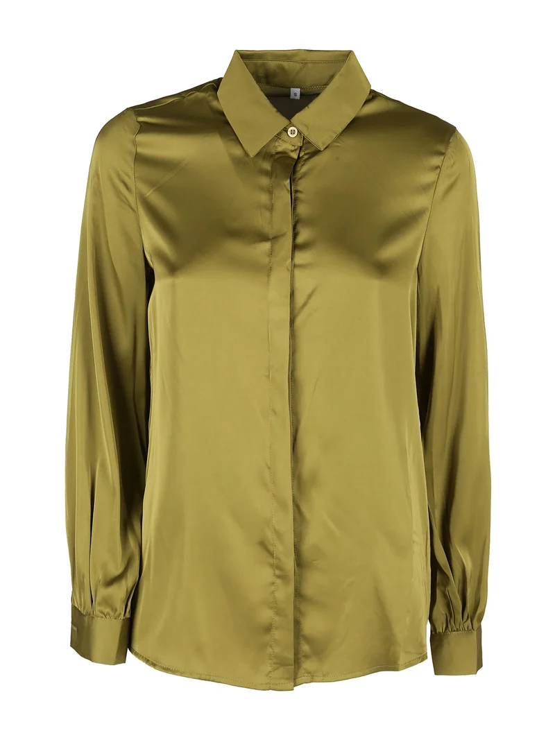Camicia donna a maniche lunghe effetto raso - oliva