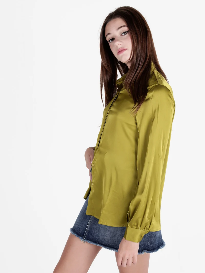 Camicia donna a maniche lunghe effetto raso - oliva