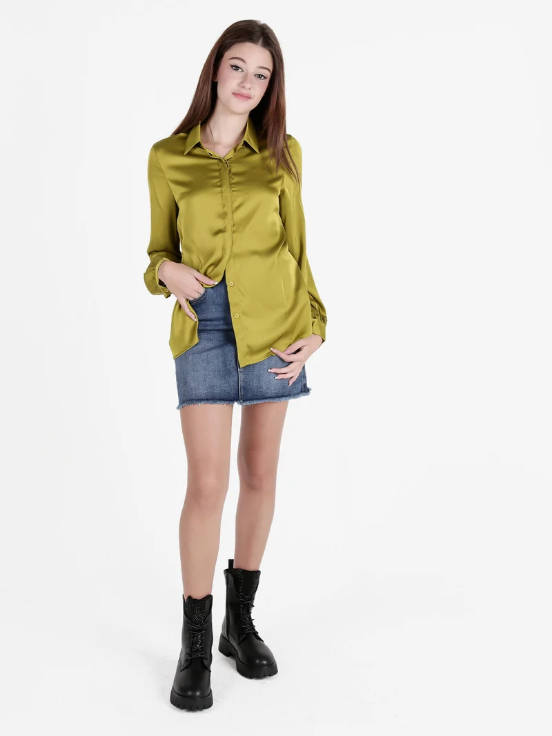Camicia donna a maniche lunghe effetto raso - oliva
