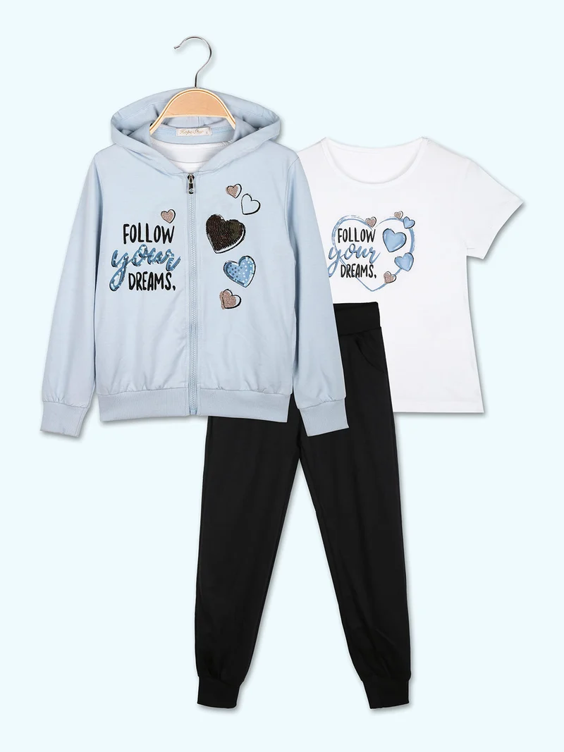 Completo tuta 3 pezzi da bambina con cappuccio e zip - azzurro