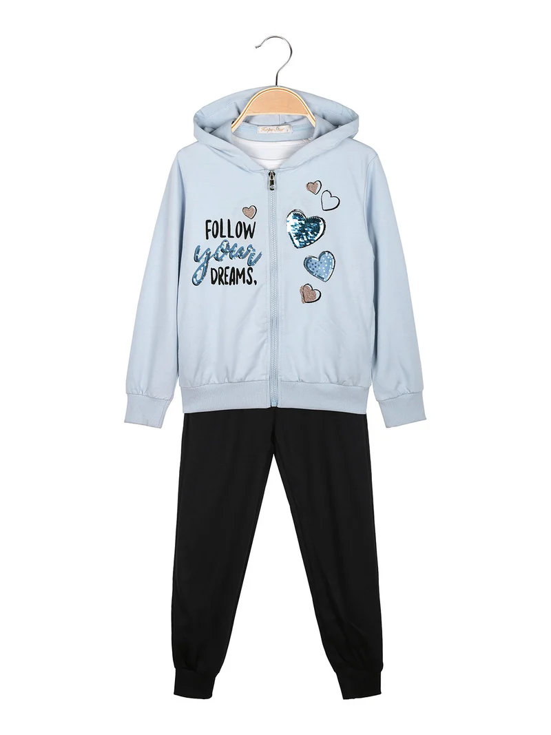Completo tuta 3 pezzi da bambina con cappuccio e zip - azzurro