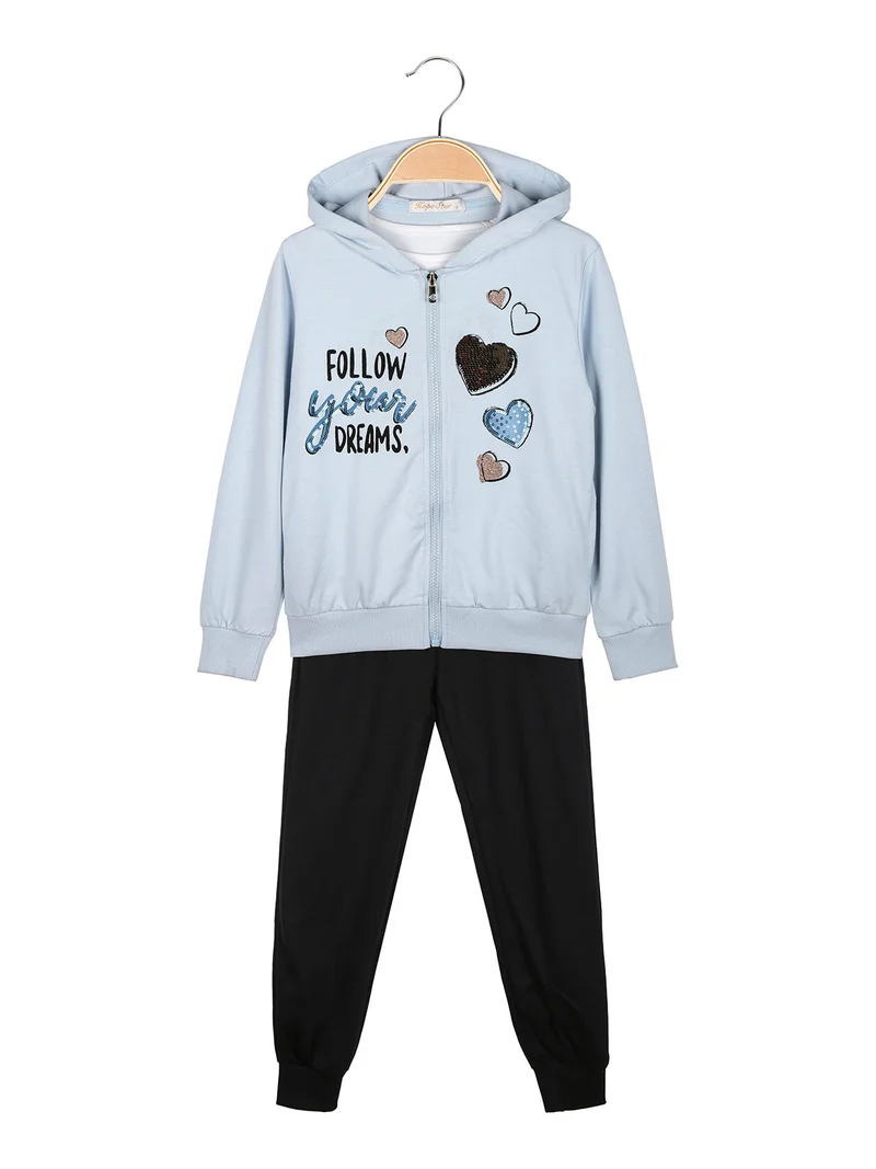 Completo tuta 3 pezzi da bambina con cappuccio e zip - azzurro