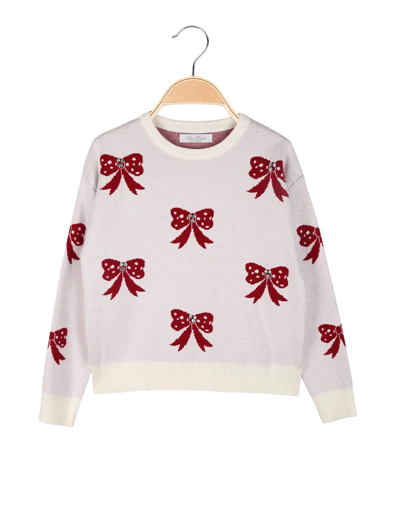 Maglione girocollo da bambina con strass - panna