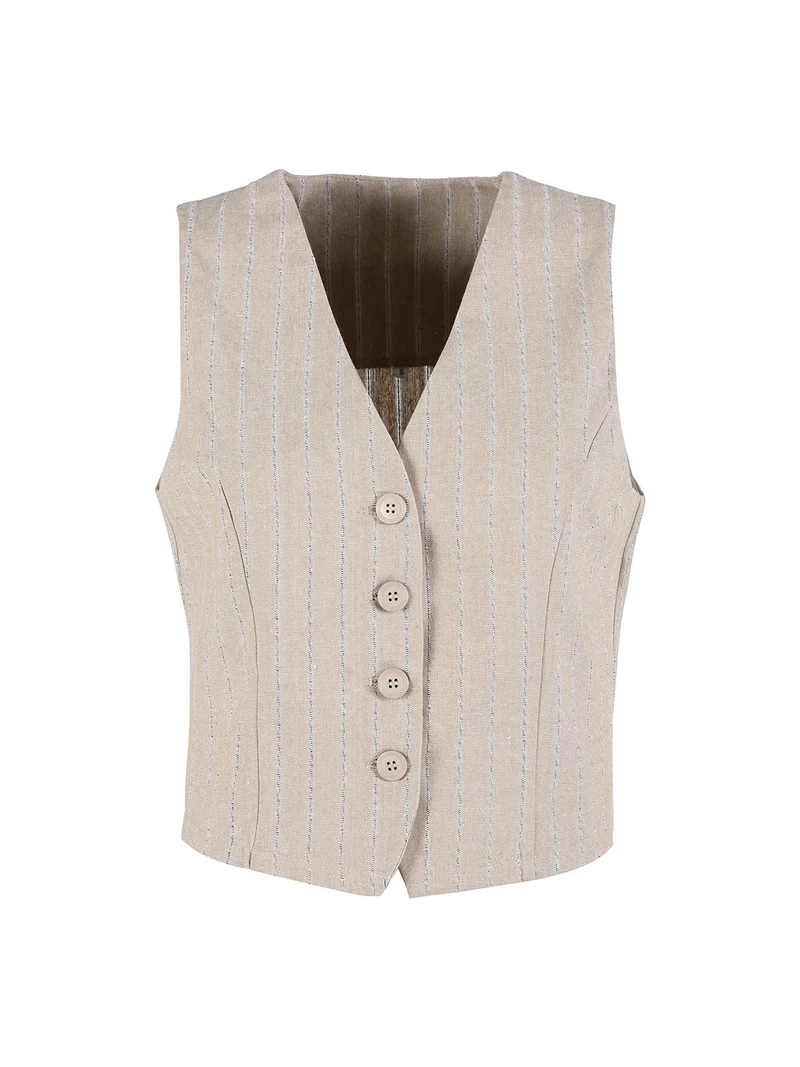 Gilet donna a righe in misto lino e cotone - beige