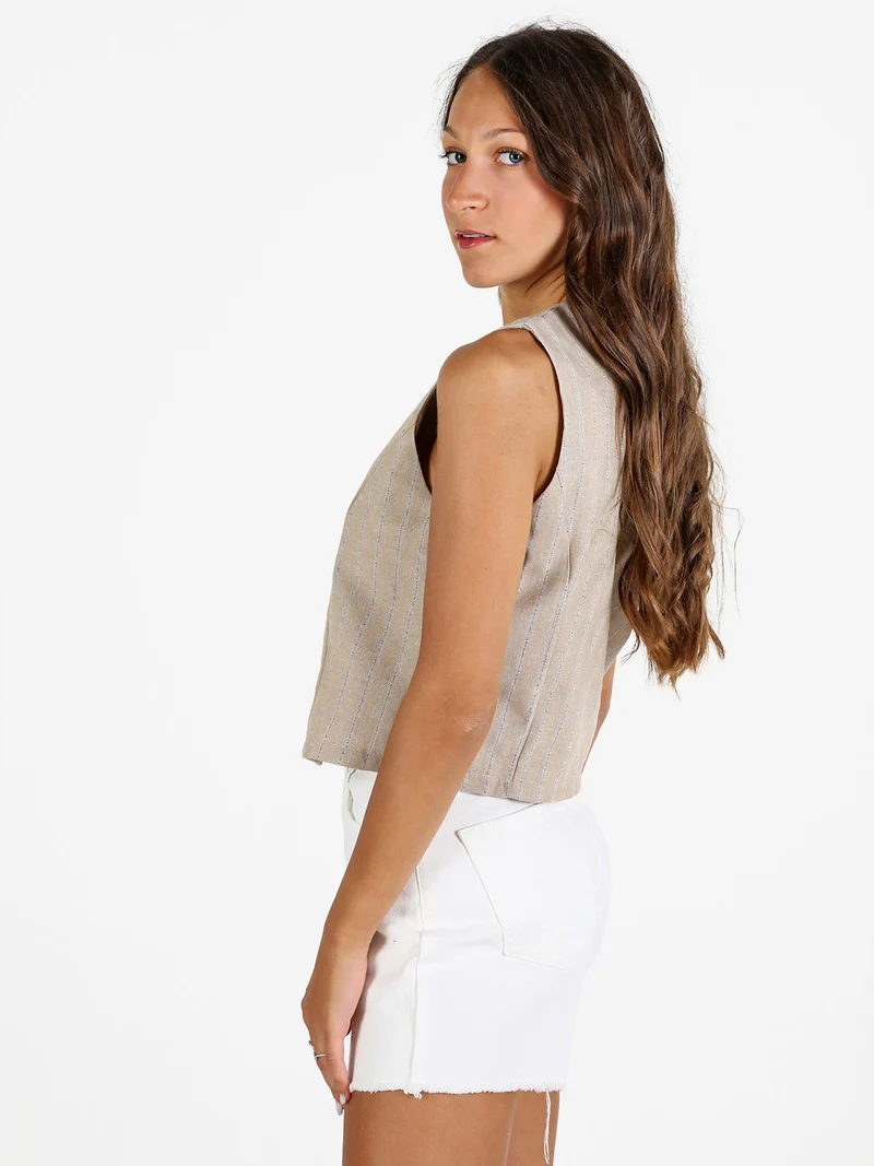 Gilet donna a righe in misto lino e cotone - beige
