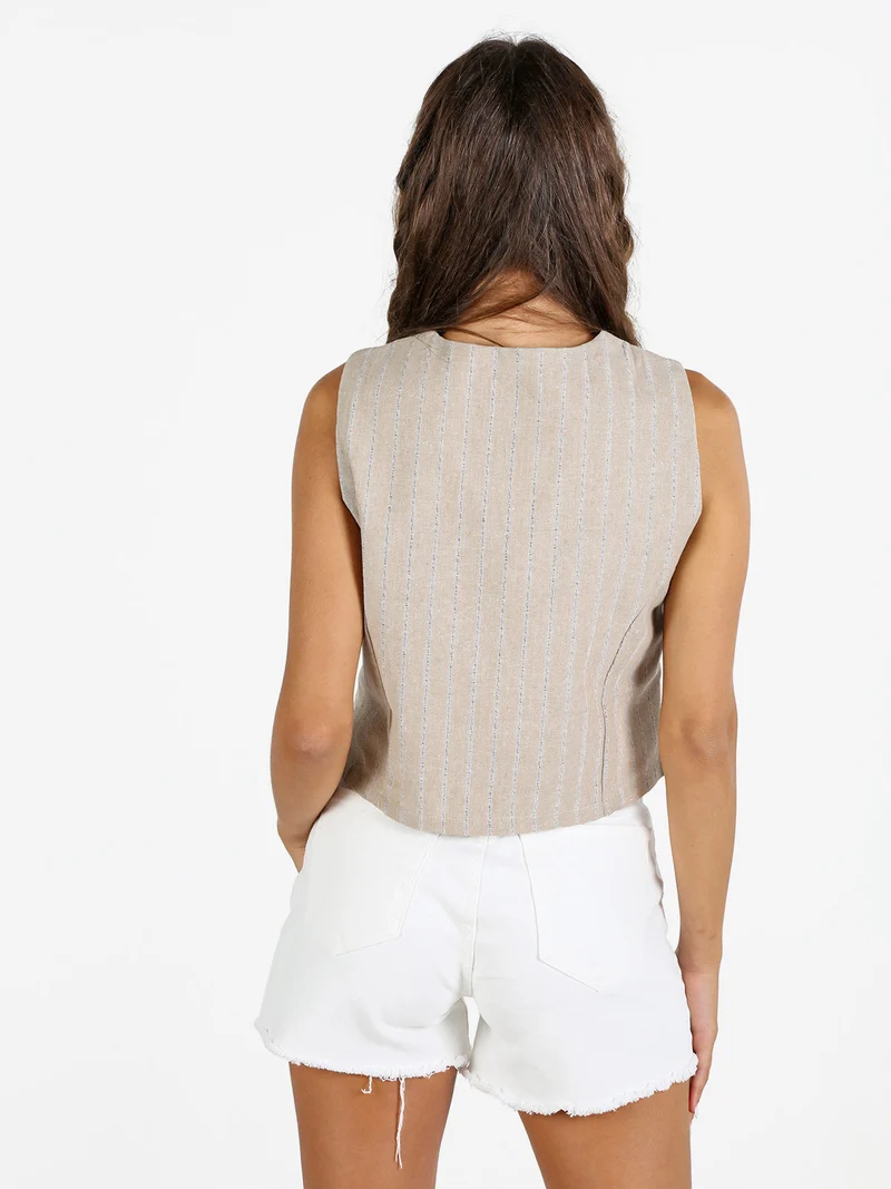 Gilet donna a righe in misto lino e cotone - beige