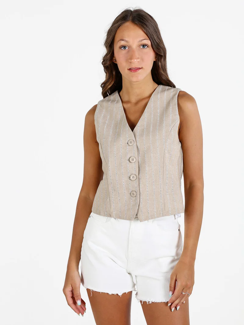 Gilet donna a righe in misto lino e cotone - beige