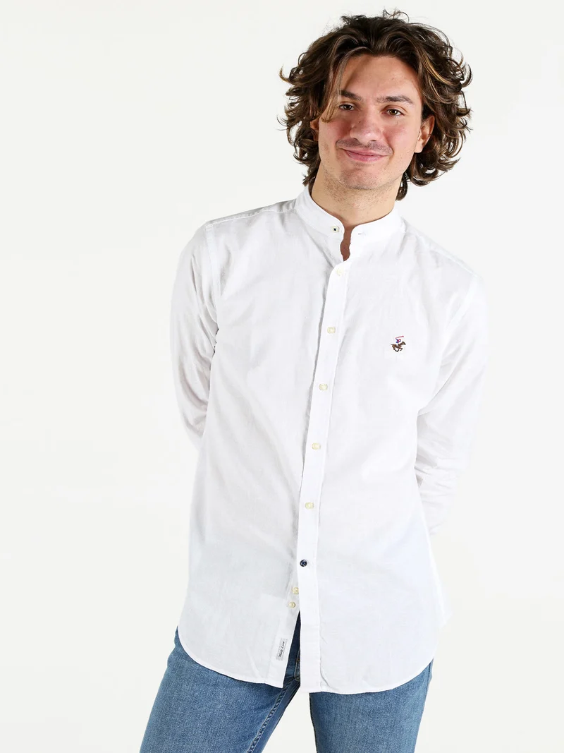 Camicia da uomo alla coreana in misto lino e cotone - bianco
