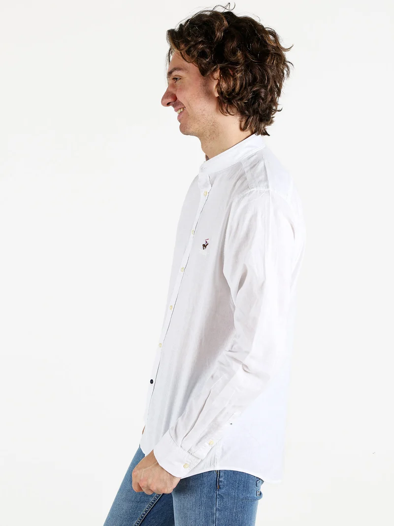 Camicia da uomo alla coreana in misto lino e cotone - bianco
