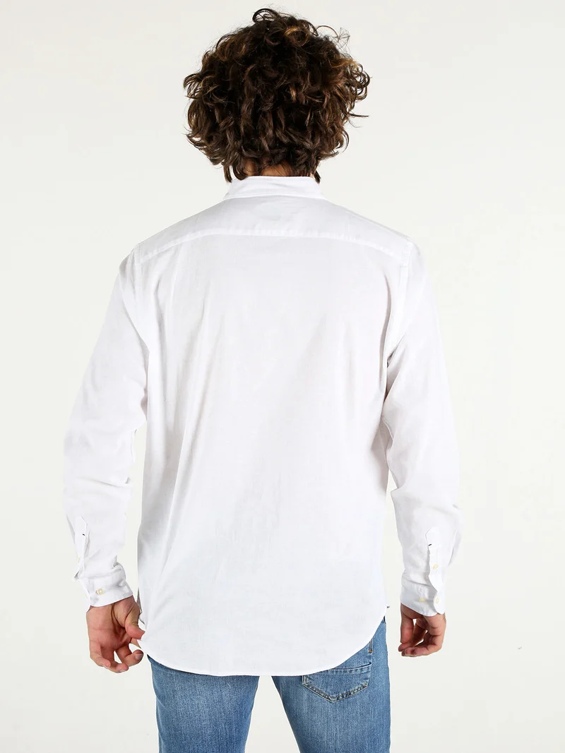Camicia da uomo alla coreana in misto lino e cotone - bianco