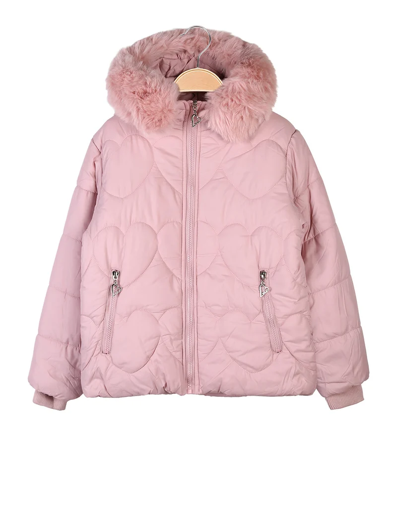 Giubbotto da bambina imbottito con cappuccio e interno in ecopelo - rosa