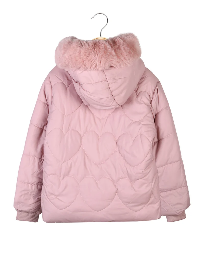 Giubbotto da bambina imbottito con cappuccio e interno in ecopelo - rosa