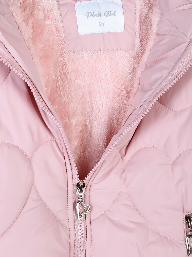 Giubbotto da bambina imbottito con cappuccio e interno in ecopelo - rosa