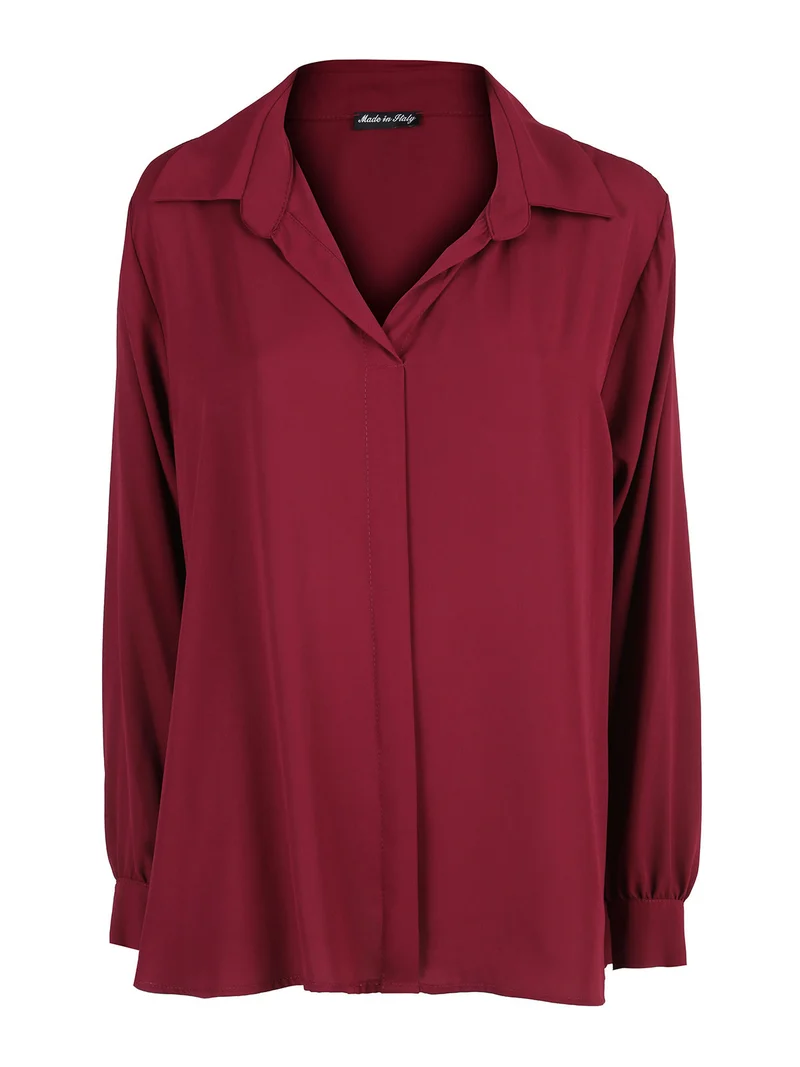 Camicia donna a maniche lunghe con scollo a V linea curvy - bordeaux
