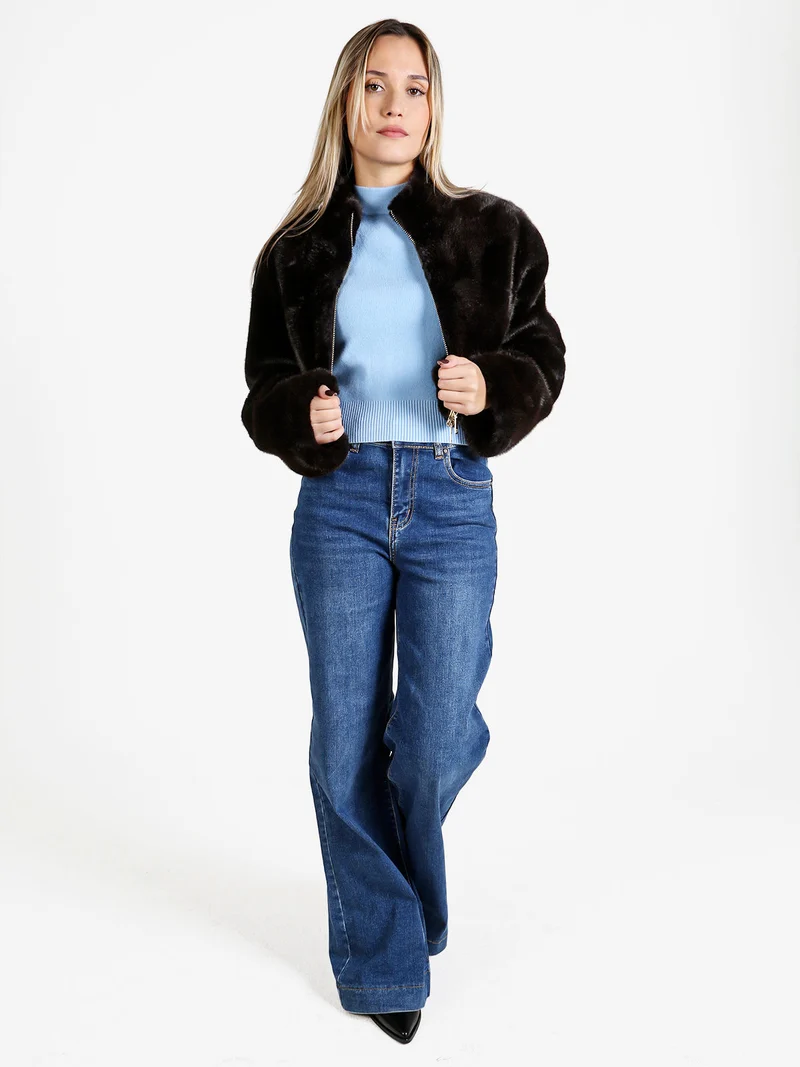 Giacca donna cropped in pelliccia sintetica con coulisse - moro