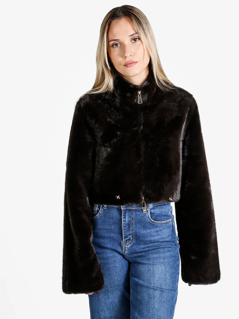 Giacca donna cropped in pelliccia sintetica con coulisse - moro