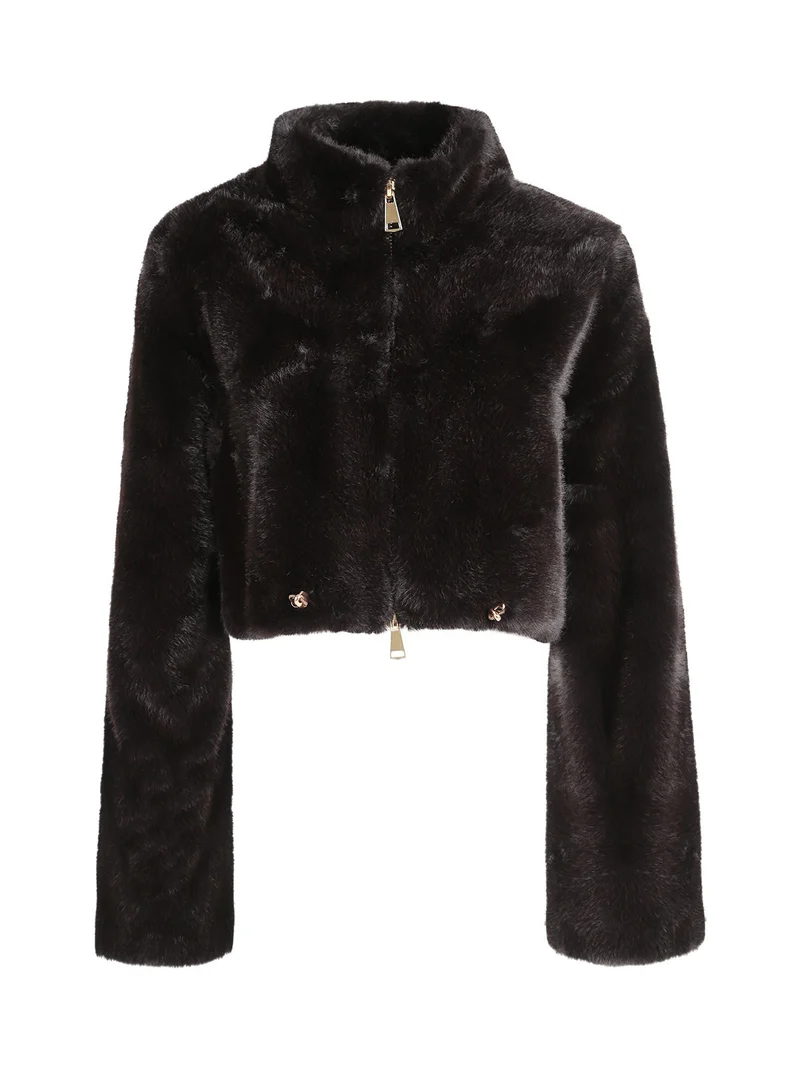 Giacca donna cropped in pelliccia sintetica con coulisse - moro