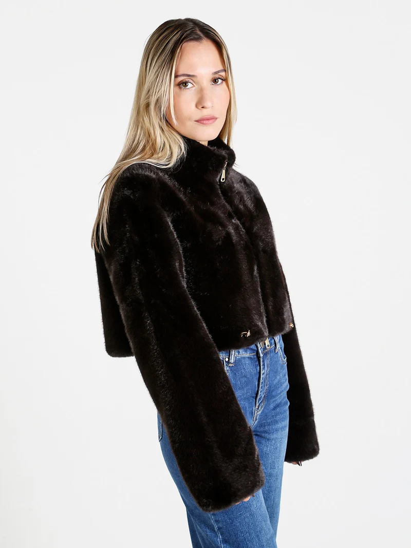 Giacca donna cropped in pelliccia sintetica con coulisse - moro