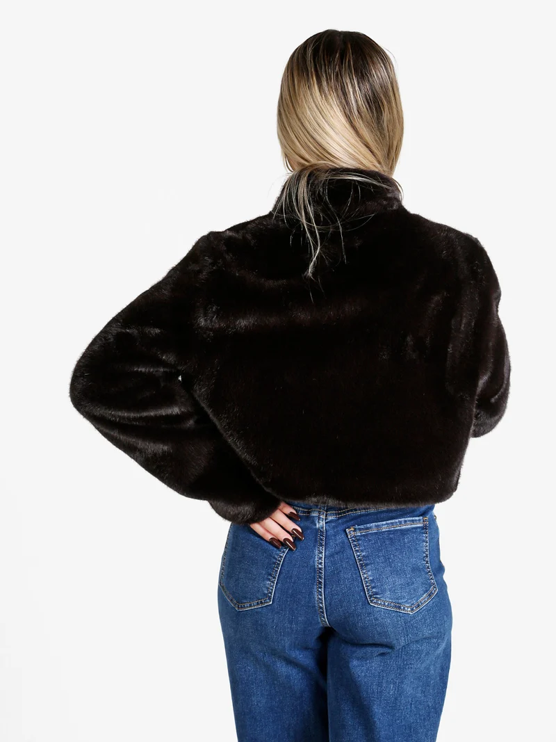 Giacca donna cropped in pelliccia sintetica con coulisse - moro