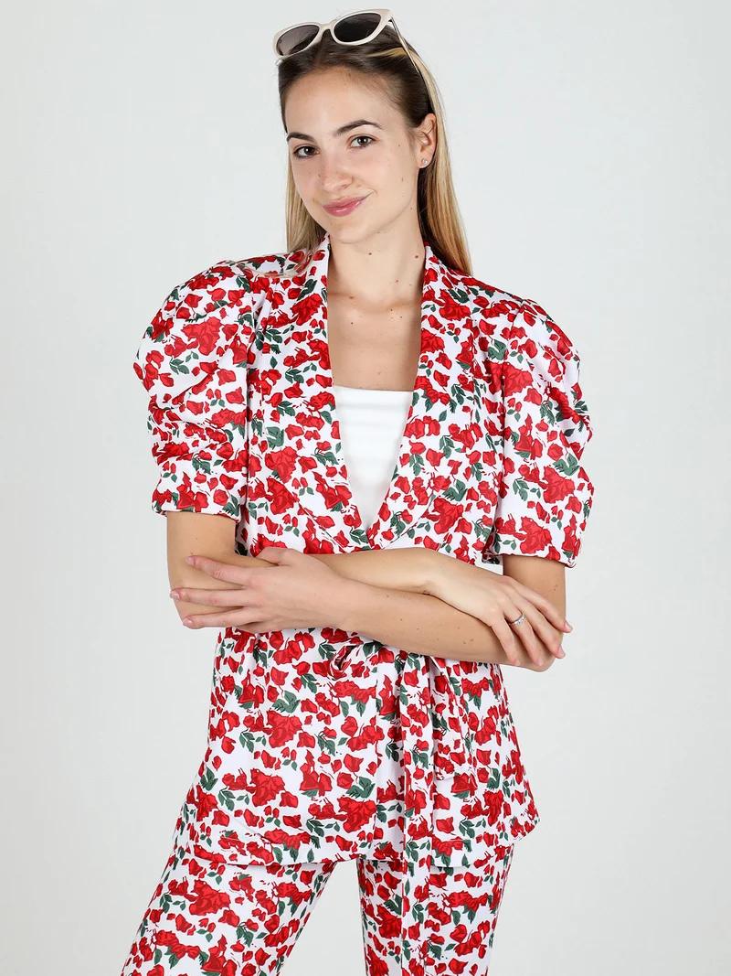Blazer donna a fantasia con maniche corte a sbuffo - bianco