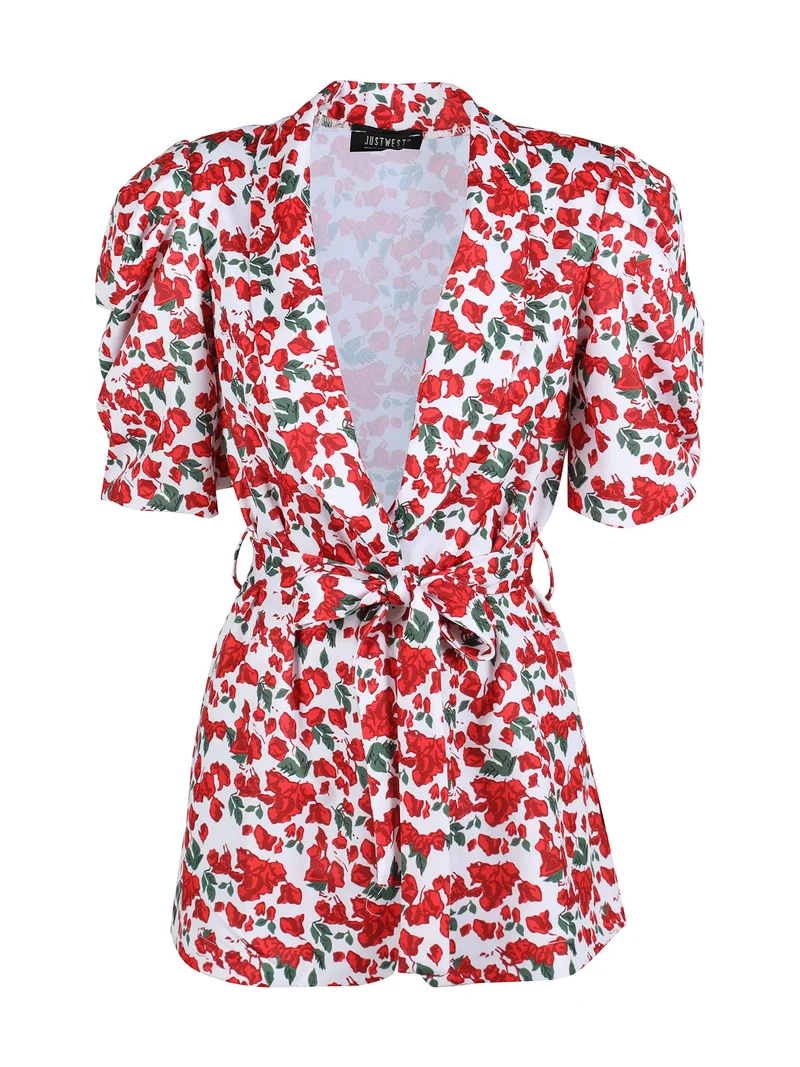 Blazer donna a fantasia con maniche corte a sbuffo - bianco