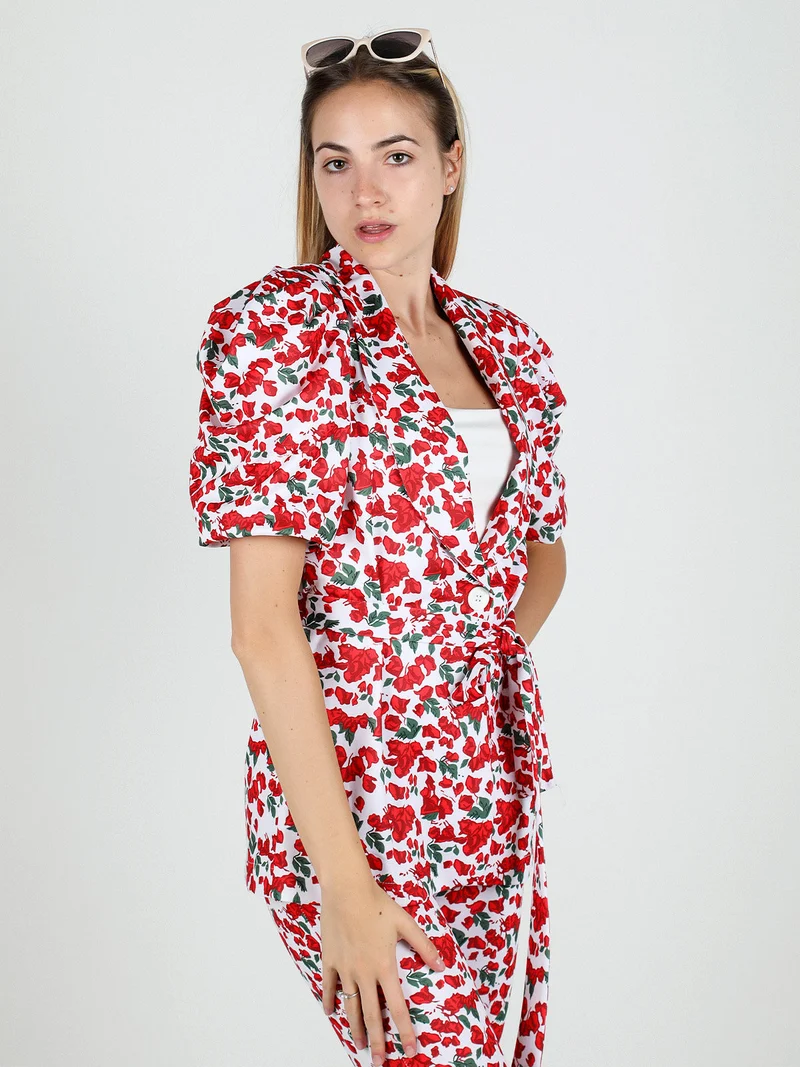 Blazer donna a fantasia con maniche corte a sbuffo - bianco