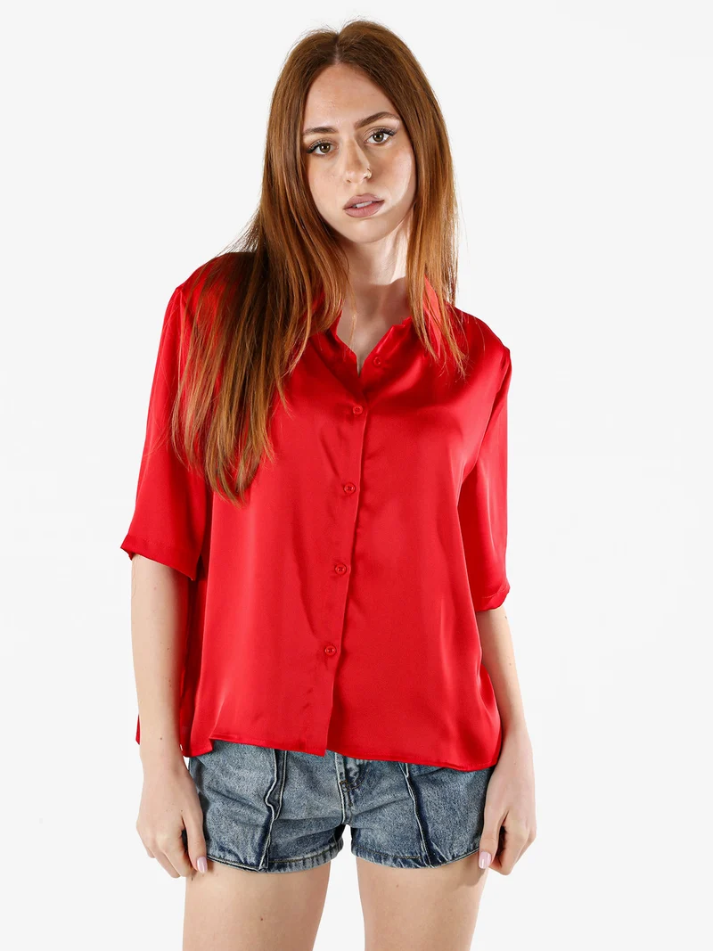 Camicia donna a maniche corte effetto raso - rosso