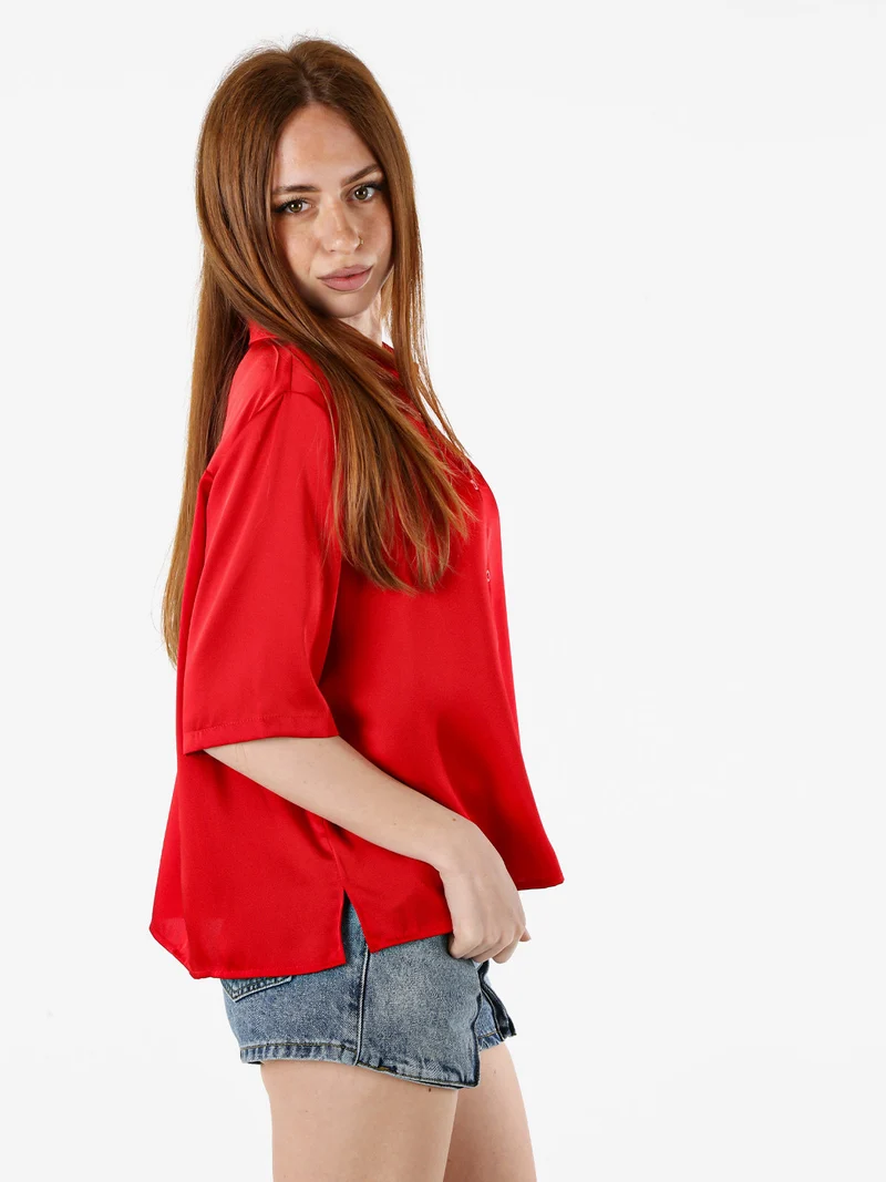 Camicia donna a maniche corte effetto raso - rosso