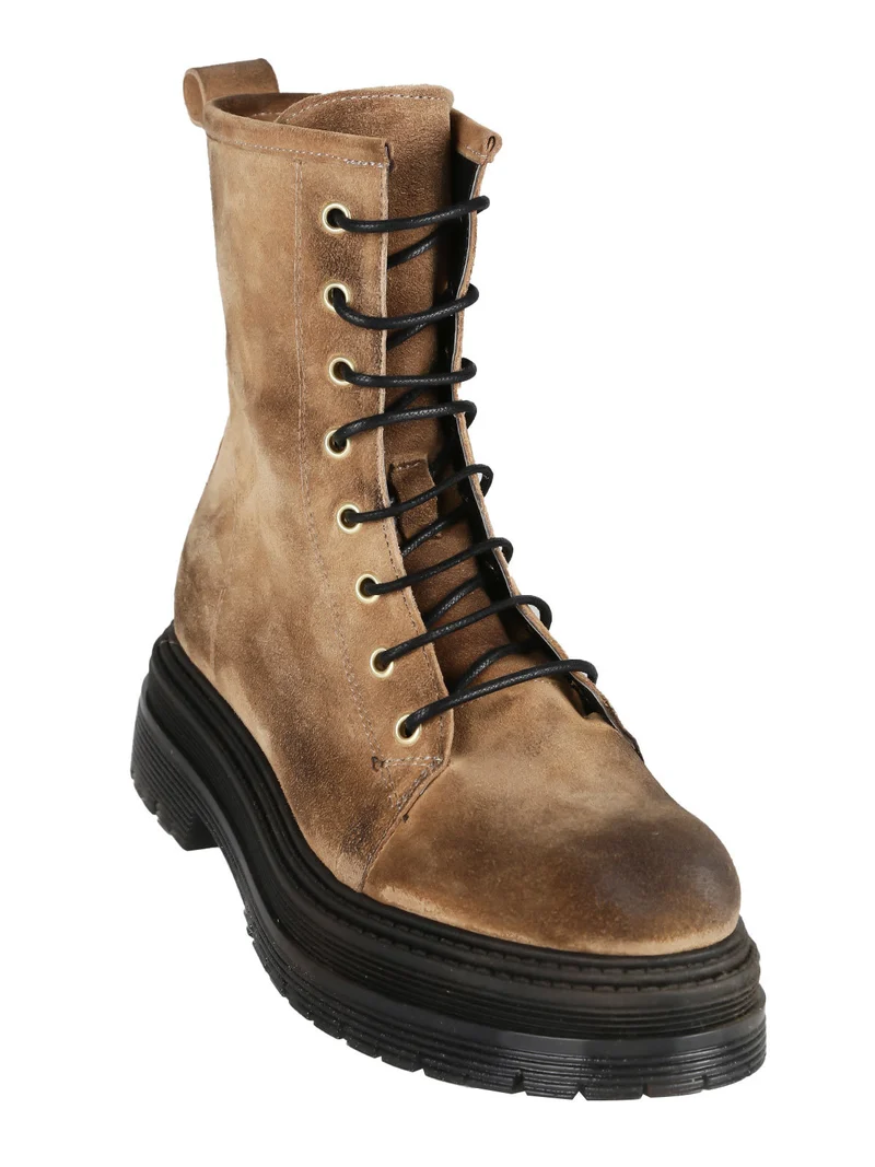 Anfibi in pelle scamosciata donna con plateau - cuoio