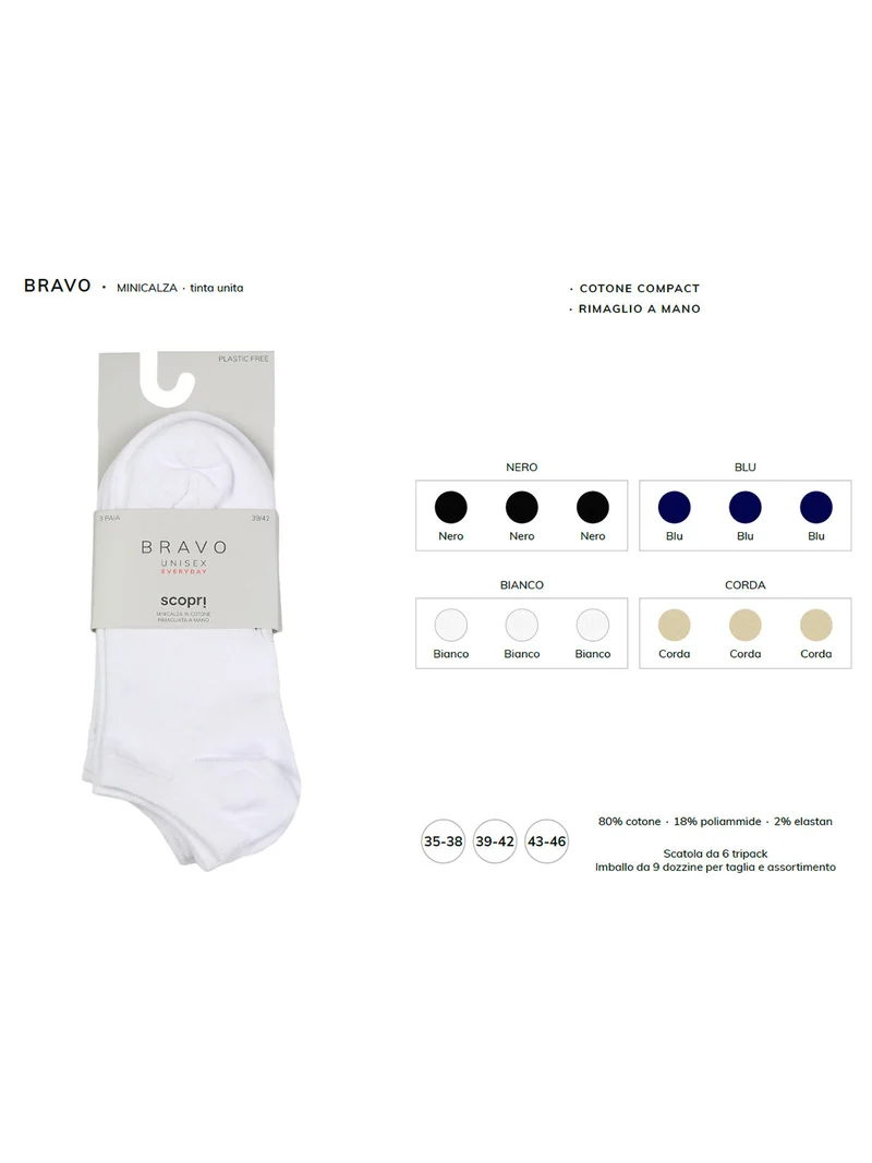 Confezione da 3 paia di minicalze unisex in cotone elasticizzato - bianco