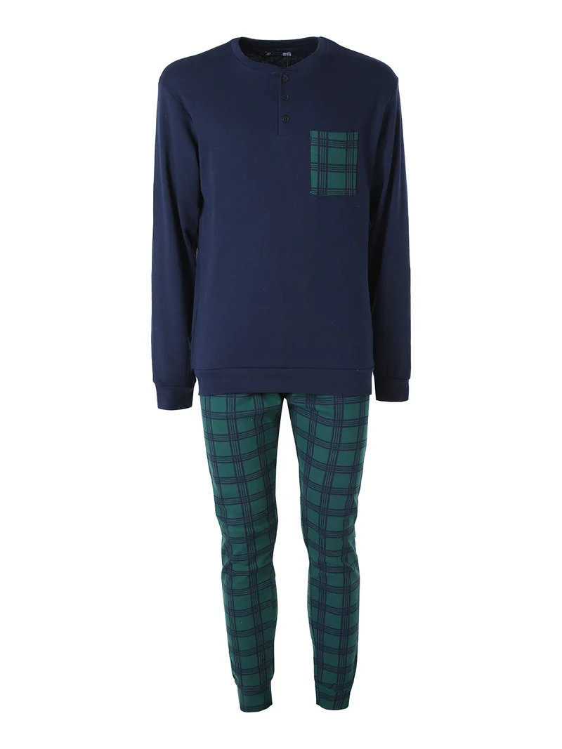 Pigiama lungo da uomo in cotone interlock con taschino e pantaloni a quadri - blu