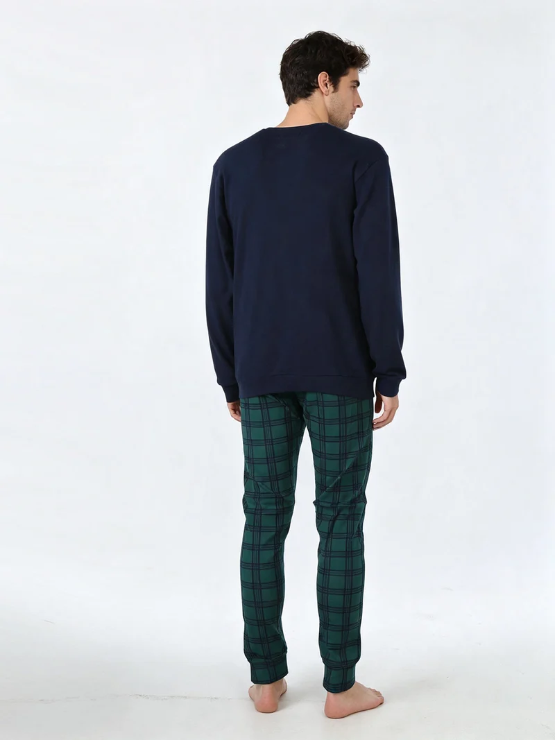 Pigiama lungo da uomo in cotone interlock con taschino e pantaloni a quadri - blu