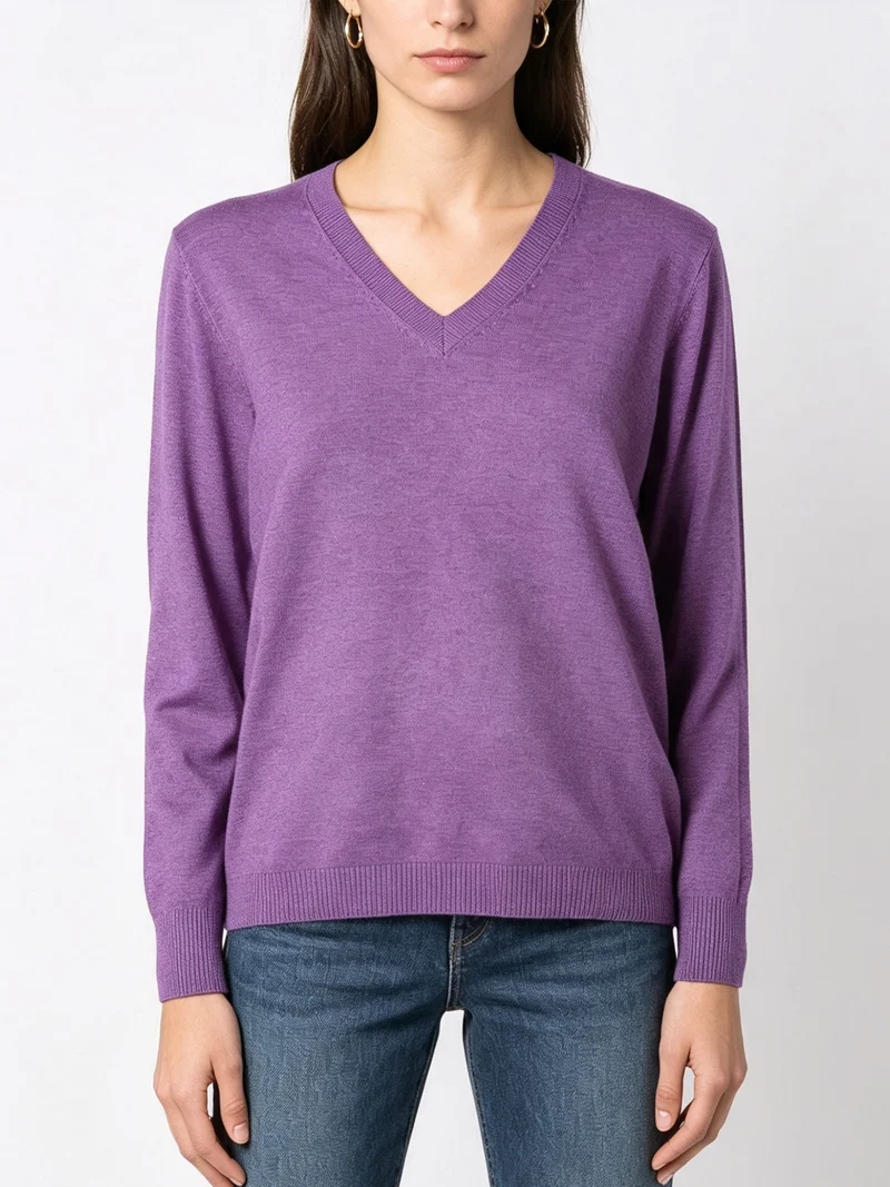 Pullover donna in maglia con scollo a V - viola