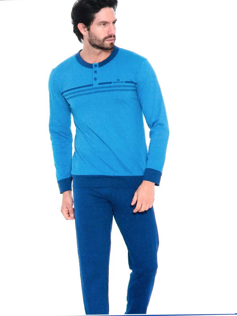 Pigiama lungo uomo con stampa sul petto in cotone - blu