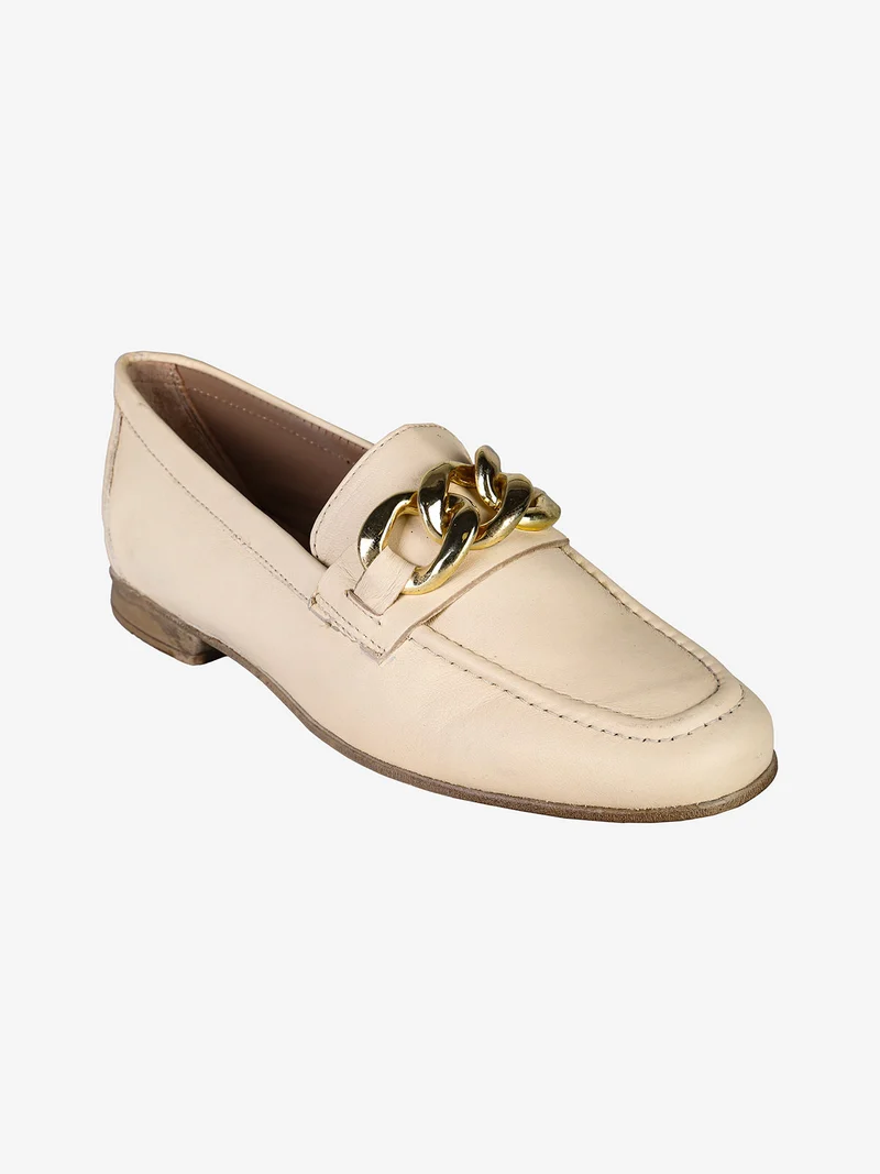 Mocassini donna in vera pelle con catena - beige