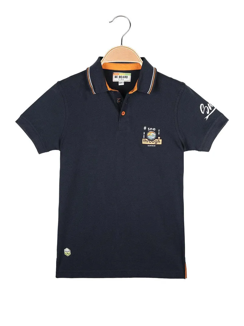 Polo da bambino a manica corta con scritta - blu scuro